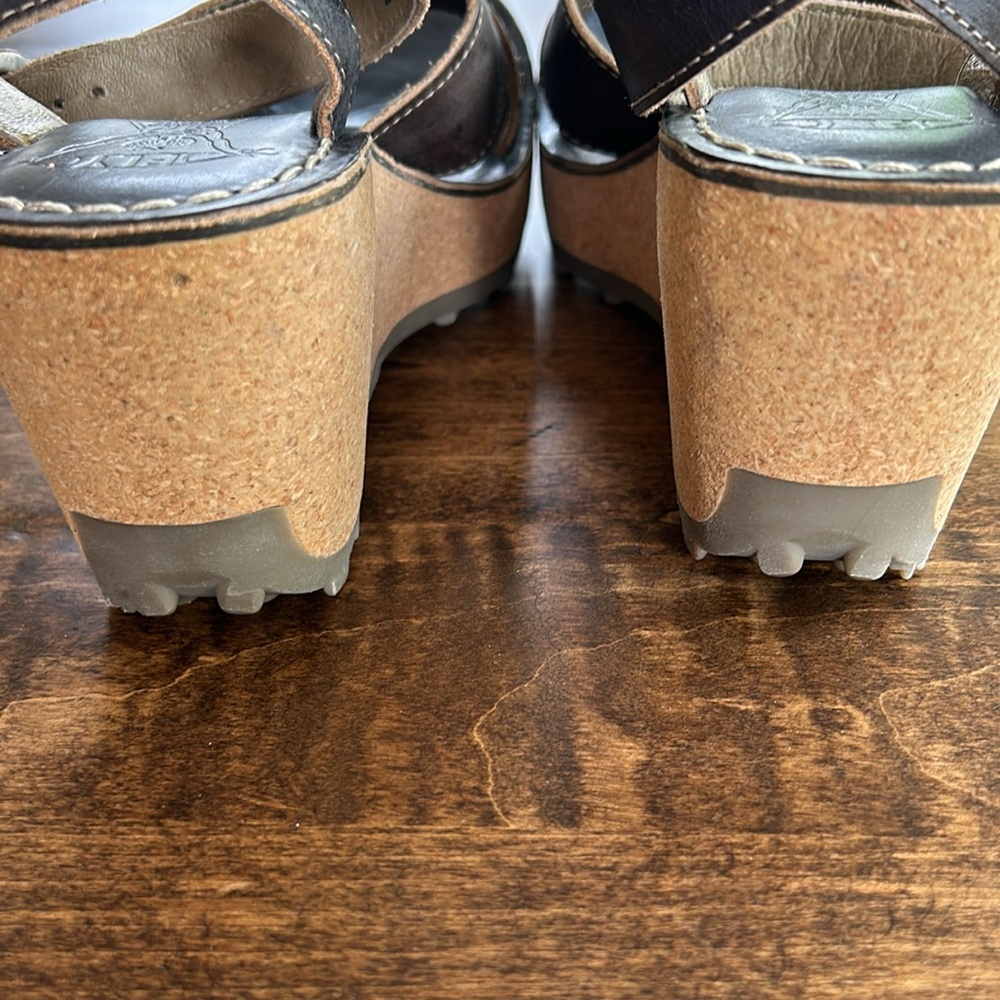 Fly London Brown Leather Wedge Sandals with Cork Platform - Picture 7 of 11